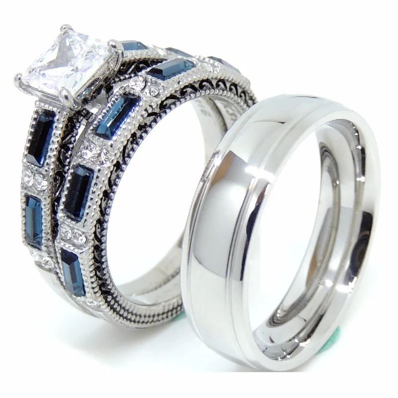 Modern engagement rings for women-Couple Rings Set Womens Blue and Clear CZ Wedding Ring Mens Engagement Band