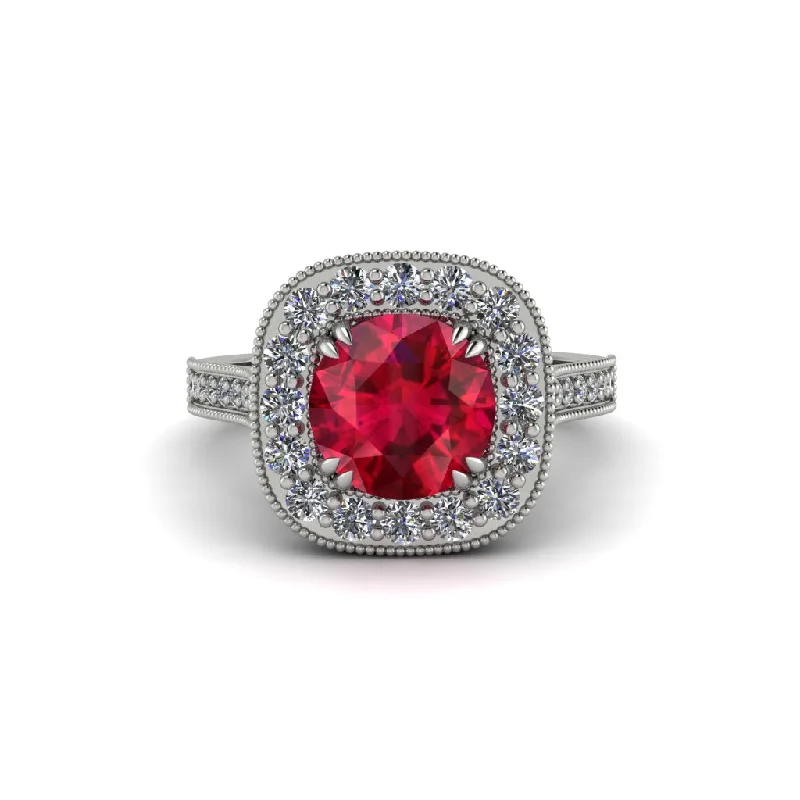 Engagement rings with multi-stone designs for women-Milgrain Halo Round Ruby Engagement Ring - Odette No. 12