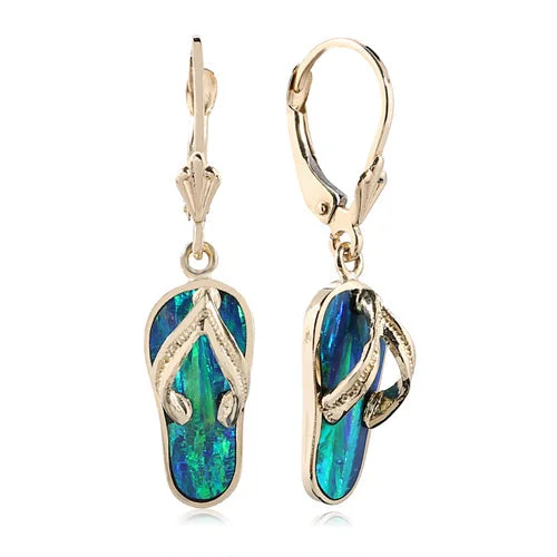 Silver hoop women earrings-14K Yellow Gold Opal Inlaid Slipper (Flip Flop) Lever Back Earrings