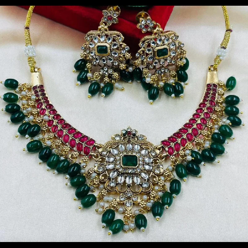 Moon women necklaces-VF Collection Gold Plated Kundan Stone And Beads Necklace Set