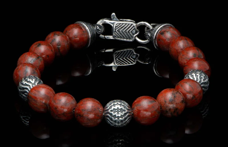 Vintage women bracelets-Seaside - Red Jasper, Beaded bracelet with sculpted sterling silver andRed Sesame Jasper