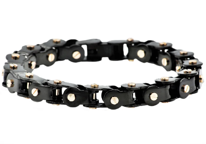 Sparkling women bracelets-Mens Black Stainless Steel Link Bracelet With Rose Gold Plated Screws