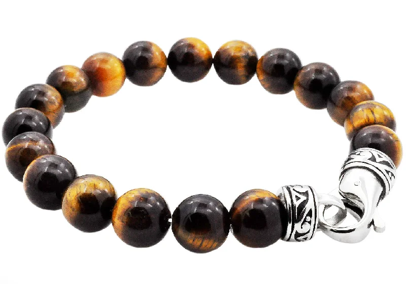 Trendy women bracelets-Mens Genuine 10mm Tiger Eye Stainless Steel Beaded Bracelet