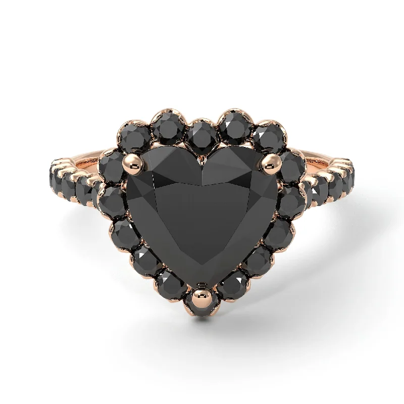 Wedding and engagement rings set for women-Halo Heart Black Diamond Pave Engagement Ring - Gail No. 38