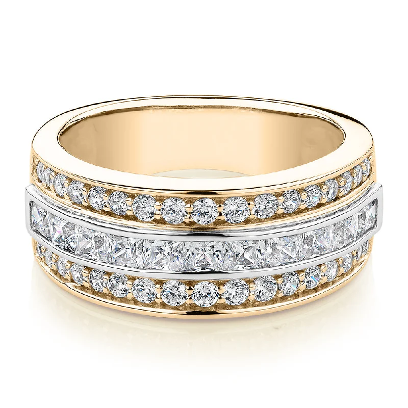 Diamond women rings-Princess Cut and Round Brilliant Dress ring with 1.62 carats* of diamond simulants in 10 carat yellow and white gold