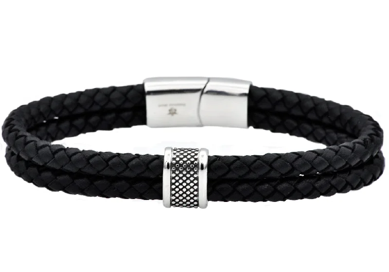 Rose gold women bracelets-Mens Double Braided Black Leather Stainless Steel Bracelet