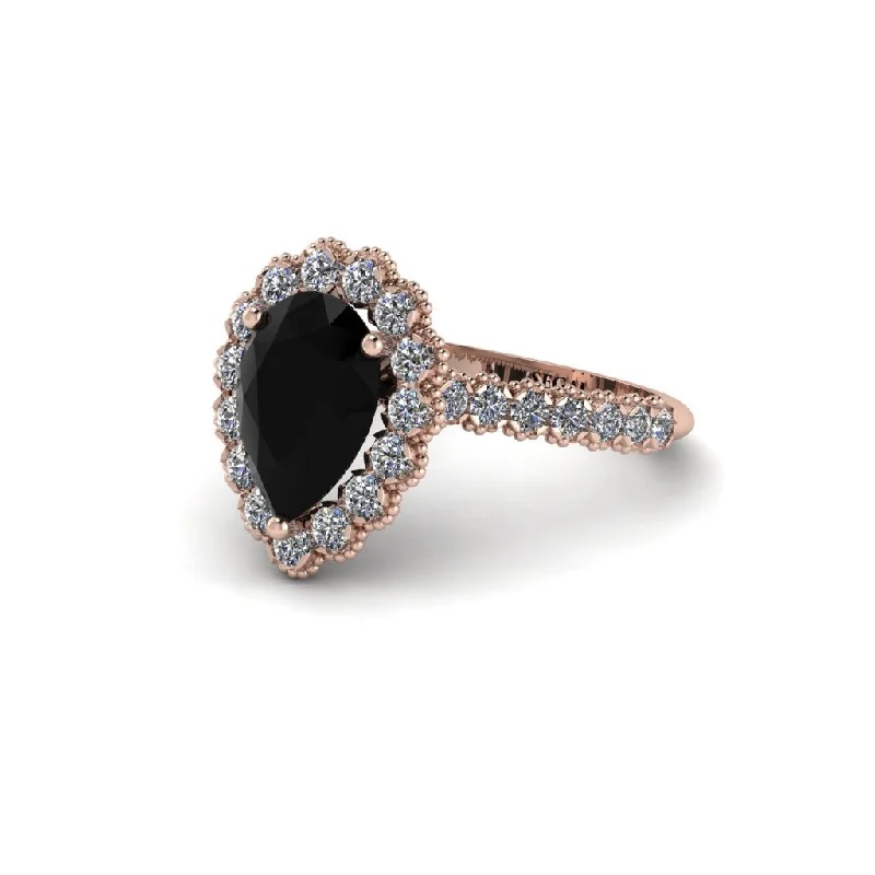 Antique engagement rings for women-Halo Pear Black Diamond Pave Engagement Ring - Ingrid No. 8