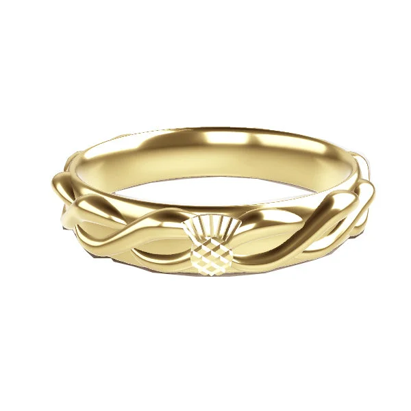 Personalized gold women rings-CELTIC SOLID TWIST COMFY FIT THISTLE WEDDING RING