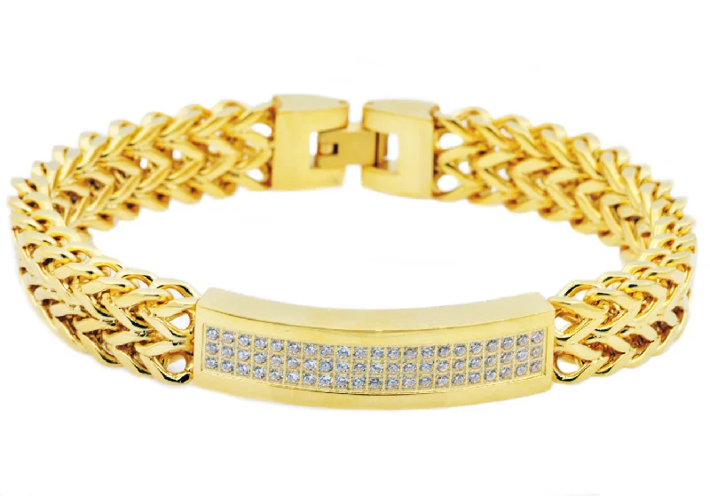 Multi-layered women bracelets-Mens Gold Stainless Steel Bracelet With Cubic Zirconia