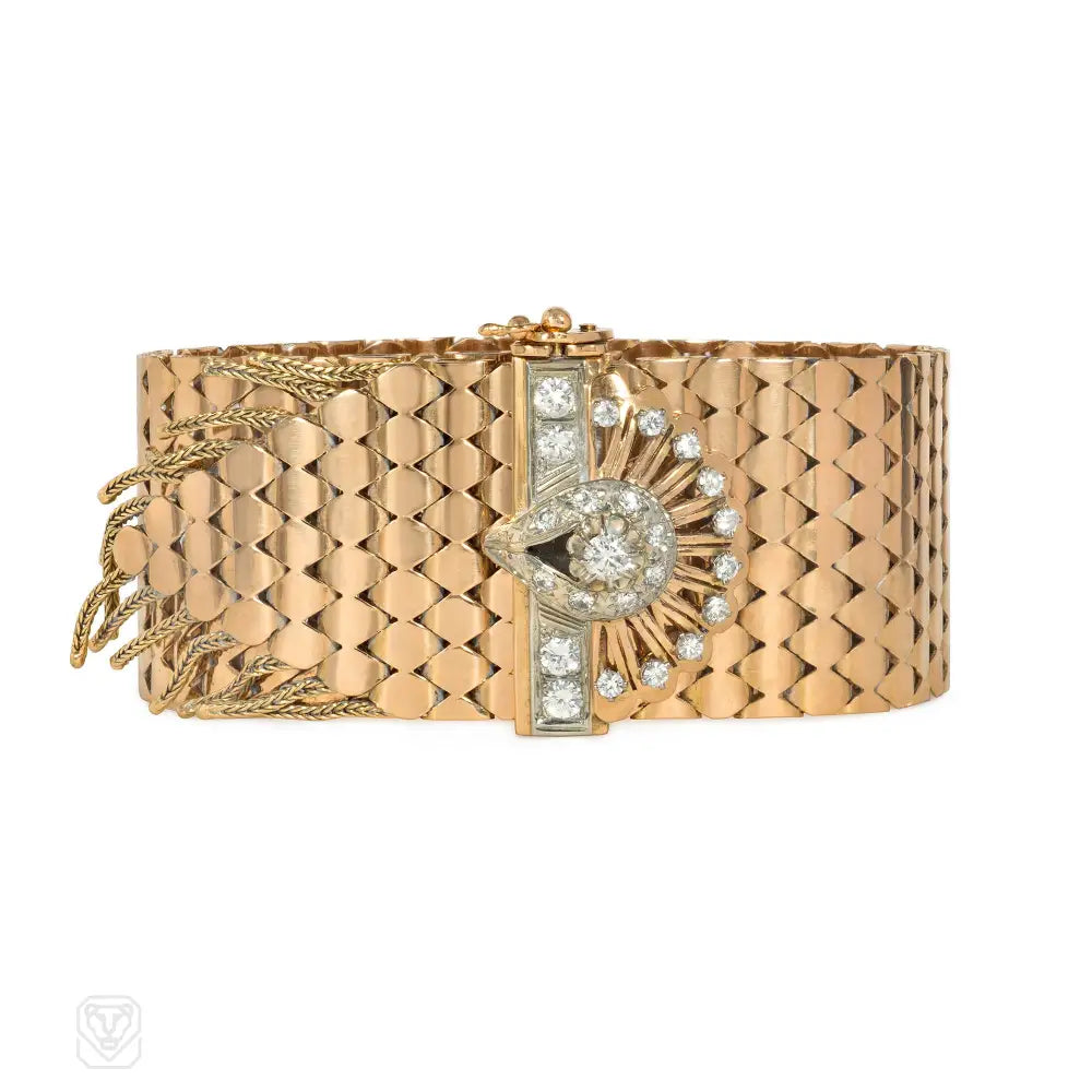 Custom bangle bracelets for women-1940s French gold and diamond adjustable fringe bracelet