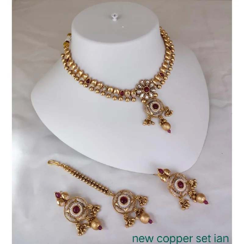 Flower women necklaces-Akruti Collection Copper Gold Plated Pota Stone Necklace Set