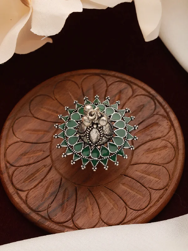 Vintage women rings-Silver-Plated Green Stone Studded& Ghungroo Finger Ring