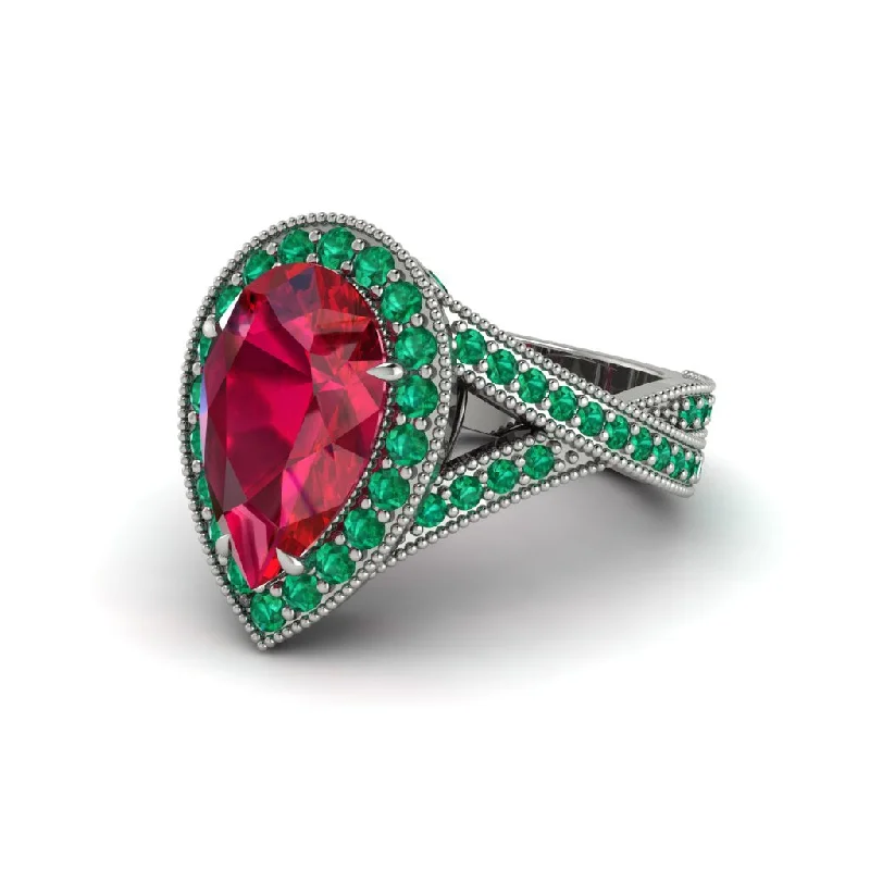 Solitaire engagement rings for women-Halo Split Shank Pear Ruby Engagement Ring - Loretta No. 27