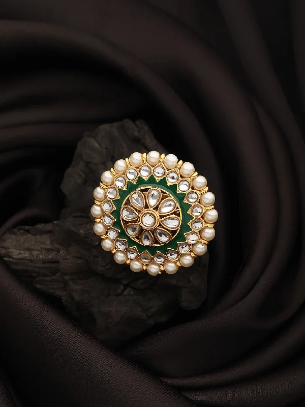 Engraved women rings-Gold-Plated White Kundan Studded & Pearl Beaded Green Meenakari Adjustable Finger Ring