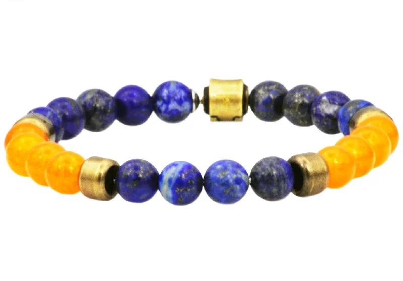 Boho women bracelets-Mens Genuine Lapis Lazuli And Orange Carnelian Gold Stainless Steel Beaded Bracelet