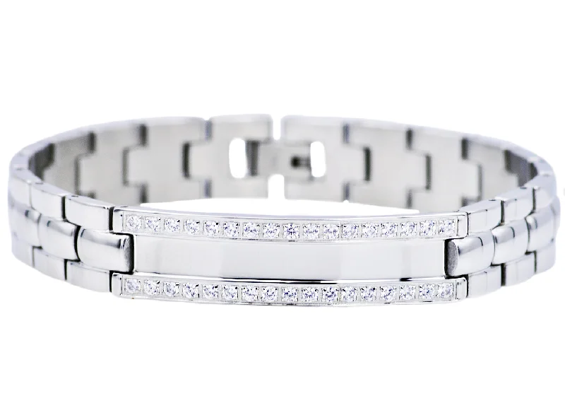 Round women bracelets-Mens Stainless Steel ID-Engravable Bracelet With Cubic Zirconia