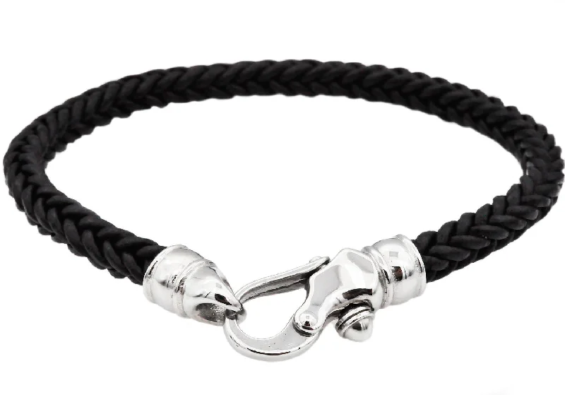 Layered women bracelets-Mens Black Leather Stainless Steel Bracelet