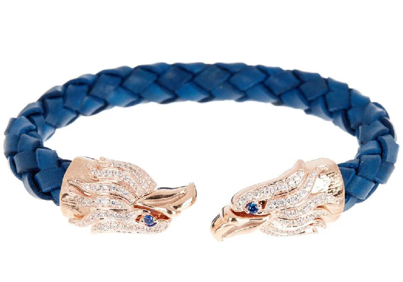 Silver charm women bracelets-Mens Blue Leather Rose Stainless Steel Eagle Bracelet With Blue And White Cubic Zirconia