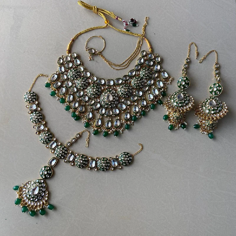 White gold women necklaces-India Art Gold Plated Kundan Stone And Beads Semi Bridal Necklace set