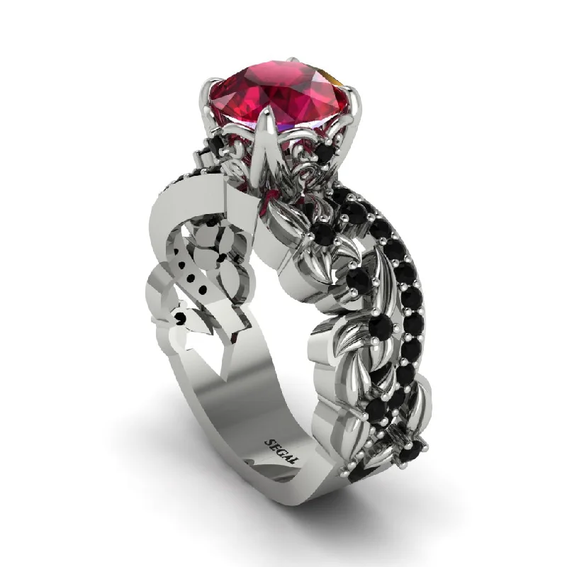 Engagement rings with square diamonds for women-Round Floral Cathedral Ruby Engagement Ring - Lindsay No. 42