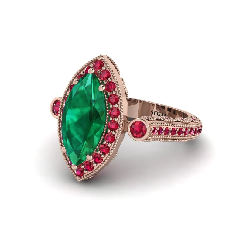 Engagement rings with a band for women-Milgrain Halo Marquise Emerald Engagement Ring - Noreen No. 50