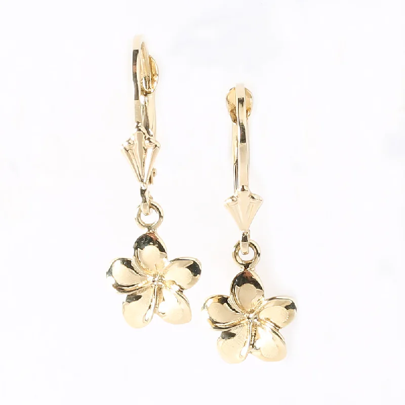 Round women earrings-14K Yellow Gold Plumeria Lever Back Earrings (8.5mm-15.5mm)