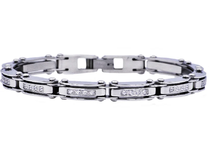 Silver charm women bracelets-Mens Thin Stainless Steel Bracelet With Cubic Zirconia