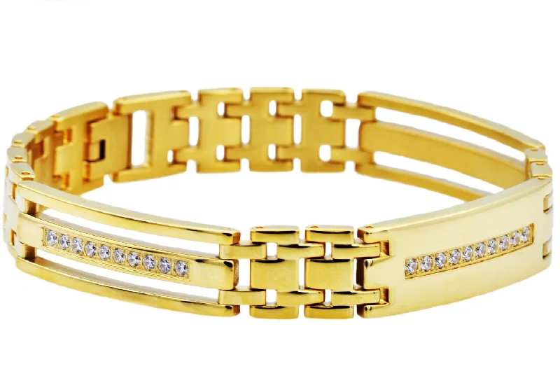 Custom women bracelets-Mens Gold Stainless Steel Link Bracelet With Cubic Zirconia