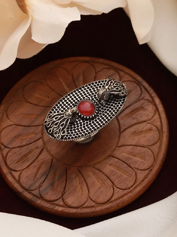 Unique diamond women rings-Oxidized Silver-Plated & Red Stone Studded Handcrafted Adjustable Finger Ring