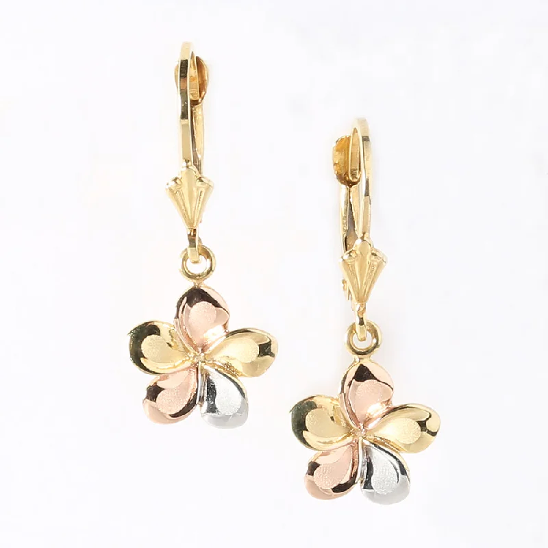 Big women earrings-14K Tri-Color Gold Plumeria Lever Back Earrings (10.5mm-16mm)