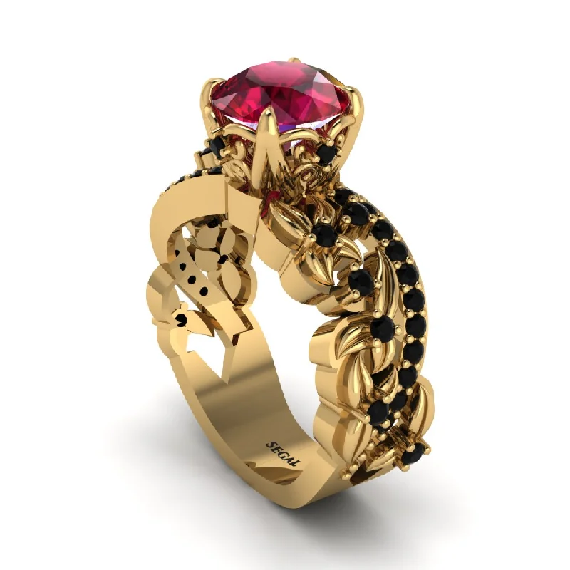 Engagement rings with round diamonds for women-Round Floral Cathedral Ruby Engagement Ring - Lindsay No. 40