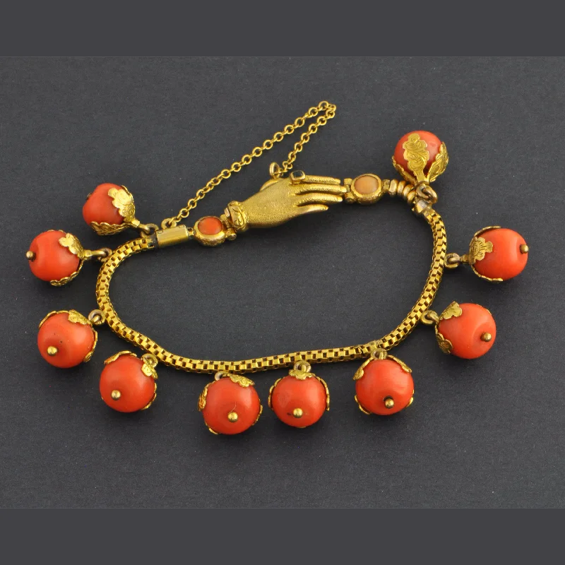 Adjustable women bracelets-Antique Coral Bead Hand Clasp Bracelet in Yellow Gold