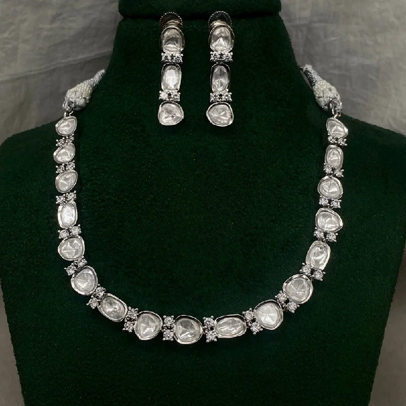 British style women necklaces-Royal Kundan Jewellery Silver Plated Crystal Stone Necklace Set