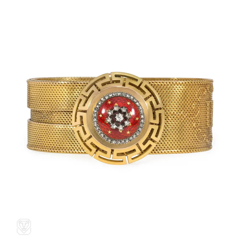 Gold cuff women bracelets-Antique gold, enamel, and diamond "Remembrance" bracelet