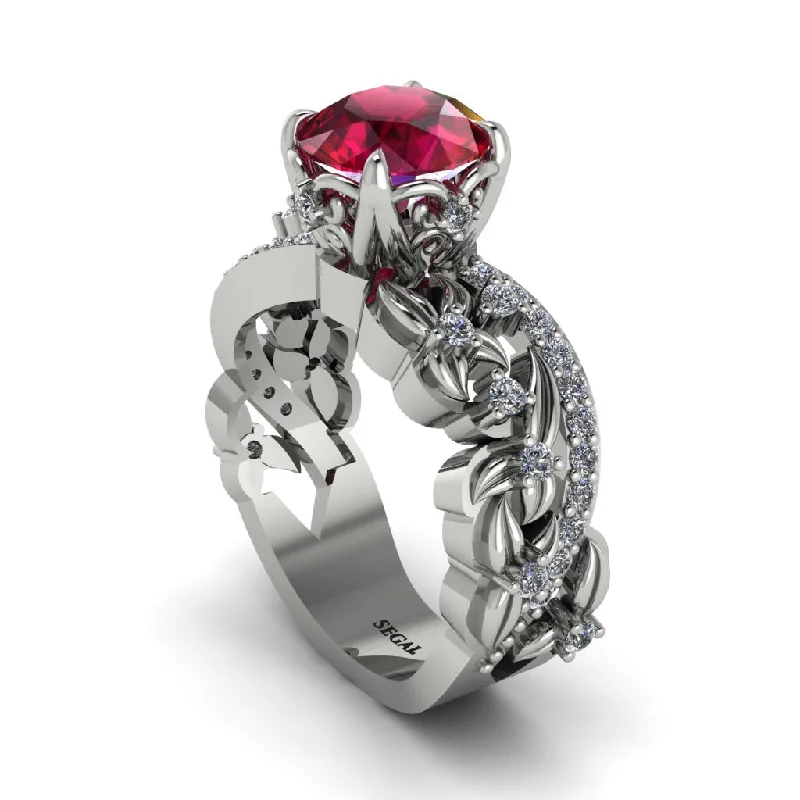 Vintage engagement rings for women-Round Floral Cathedral Ruby Engagement Ring - Lindsay No. 12