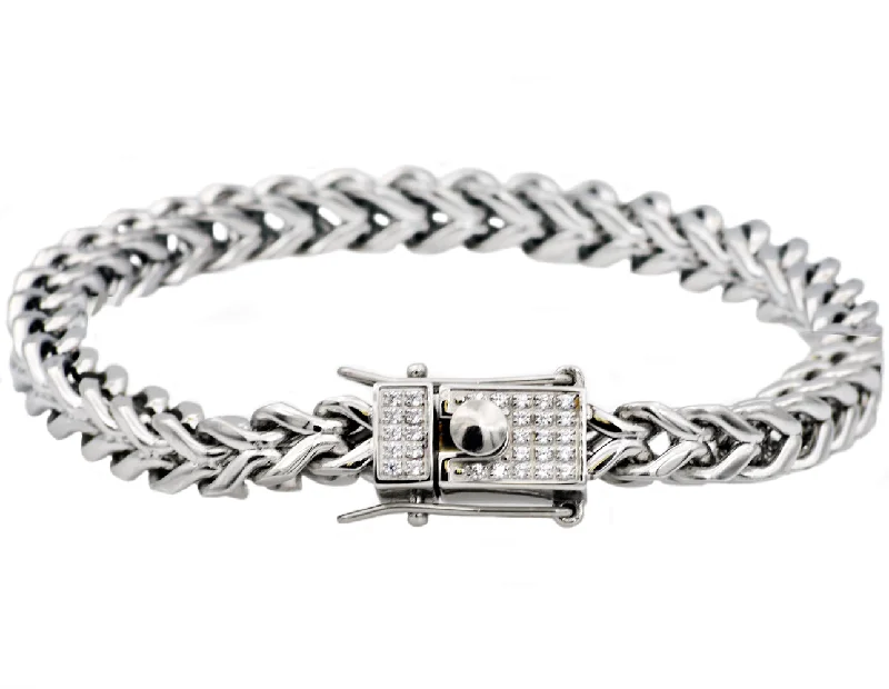 Simple bangles for women-Mens Stainless Steel Franco Link Chain Bracelet With Cubic Zirconia Box Clasp