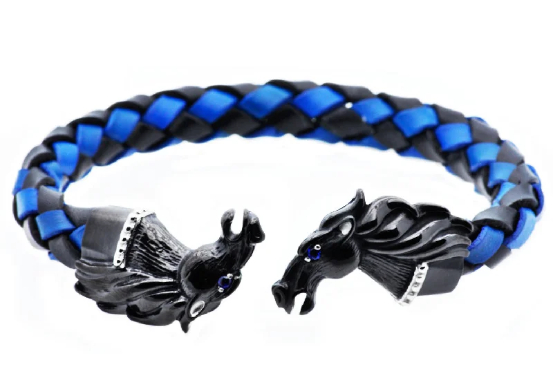 Rose gold women bracelets-Mens Black And Blue Leather Black Stainless Steel Horse Bracelet With Blue Cubic Zirconia