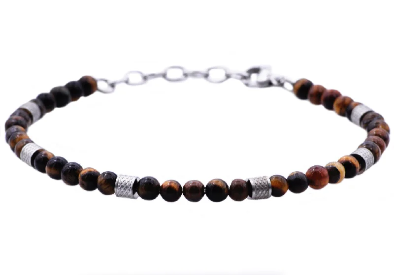 Silver charm women bracelets-Mens Genuine Tiger Eye Stainless Steel Beaded Bracelet