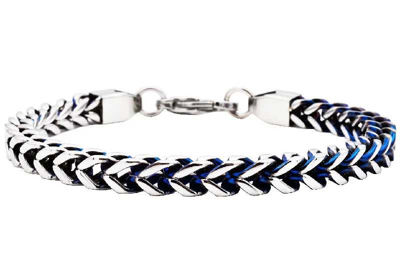 Colored gemstone women bracelets-Mens Two Tone Blue Stainless Steel Franco Link Chain Bracelet