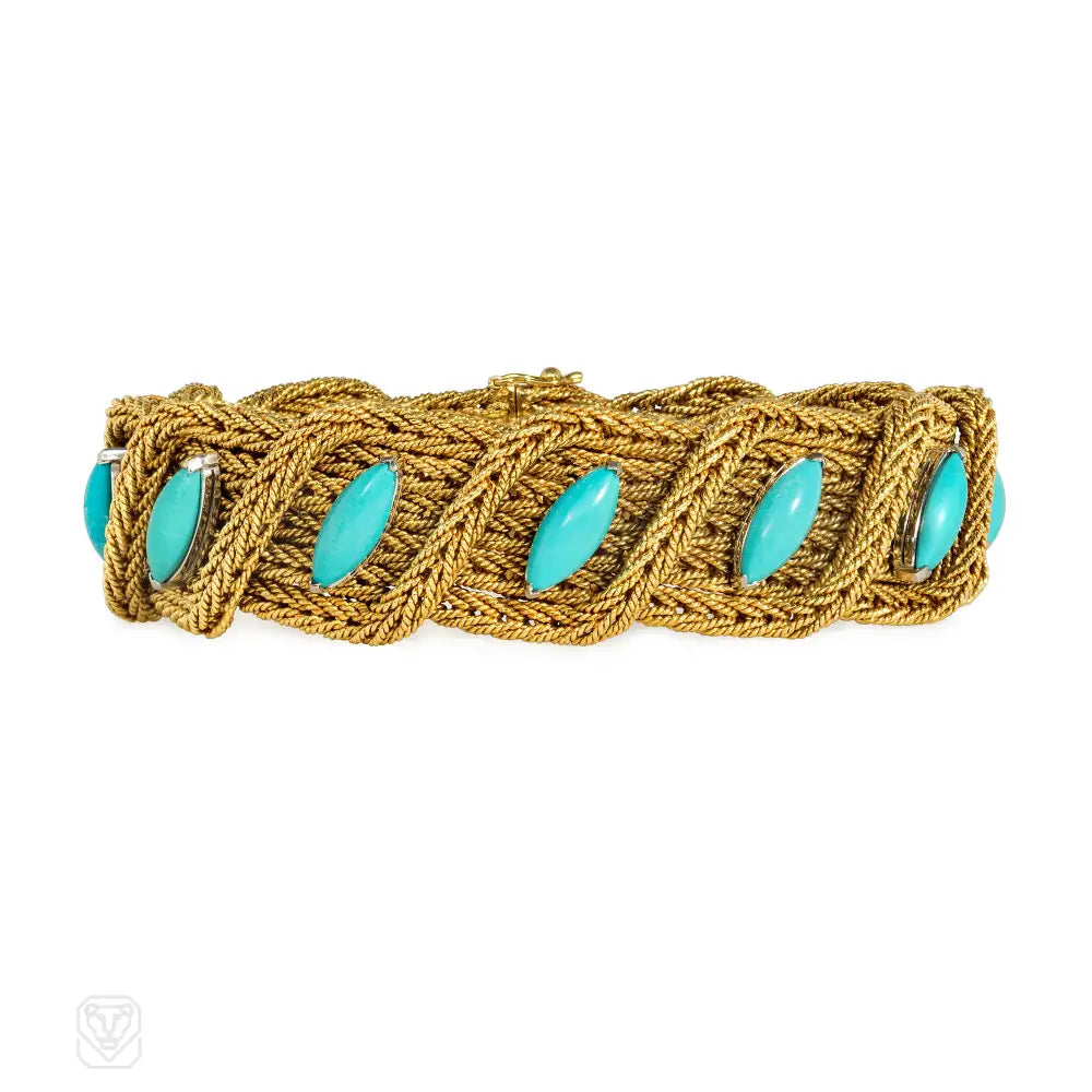 Fashionable cuff women bracelets-Mid-Century Italian woven gold and turquoise bracelet