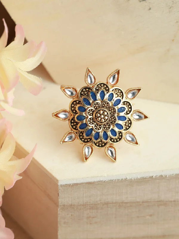 Pearl and diamond women rings-Gold-Plated Blue Enamelled White Stone Studded Handcrafted Adjustable Finger Ring