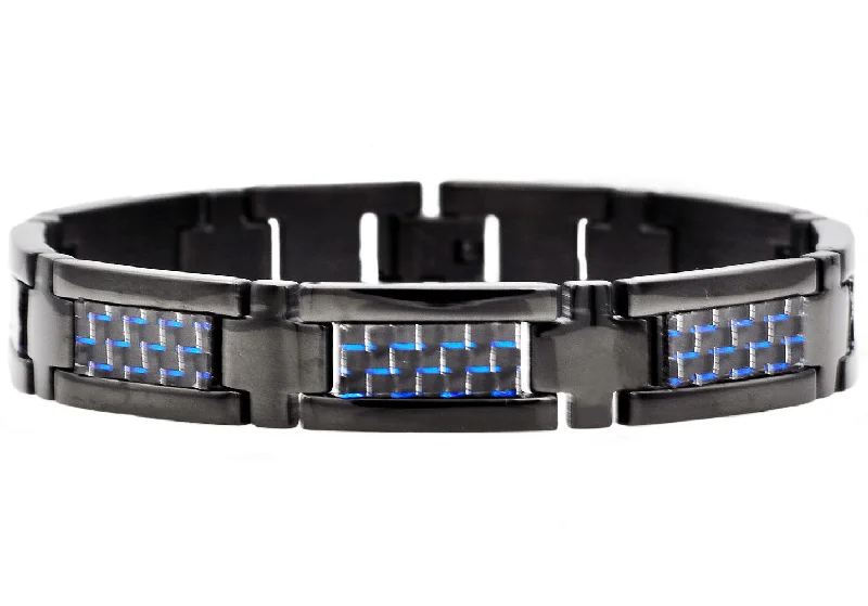 Customized charm women bracelets-Mens Black Stainless Steel Bracelet With Black And Blue Carbon Fiber