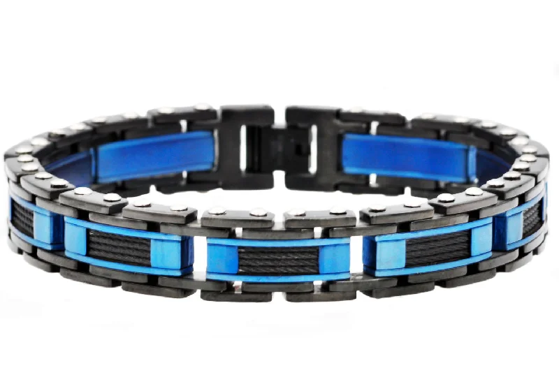 Round women bracelets-Mens Black And Blue Stainless Steel Bracelet With Black Plated Cables