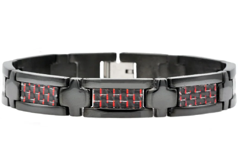 Vintage women bracelets-Mens Black Stainless Steel Bracelet  With Black And Red Carbon Fiber