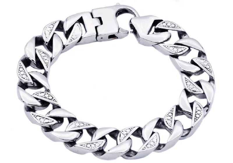 Twisted women bracelets-Mens Stainless Steel Pave Curb Link Chain Bracelet