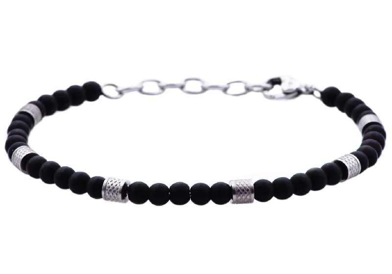 Classic women bracelets-Mens Genuine Onyx Stainless Steel Beaded Bracelet