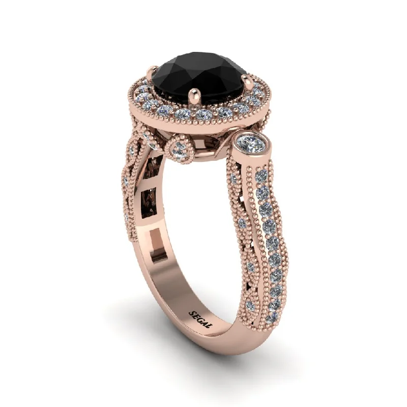 Engagement rings with a thin band for women-Milgrain Halo Pave Black Diamond Engagement Ring - Mabel No. 8