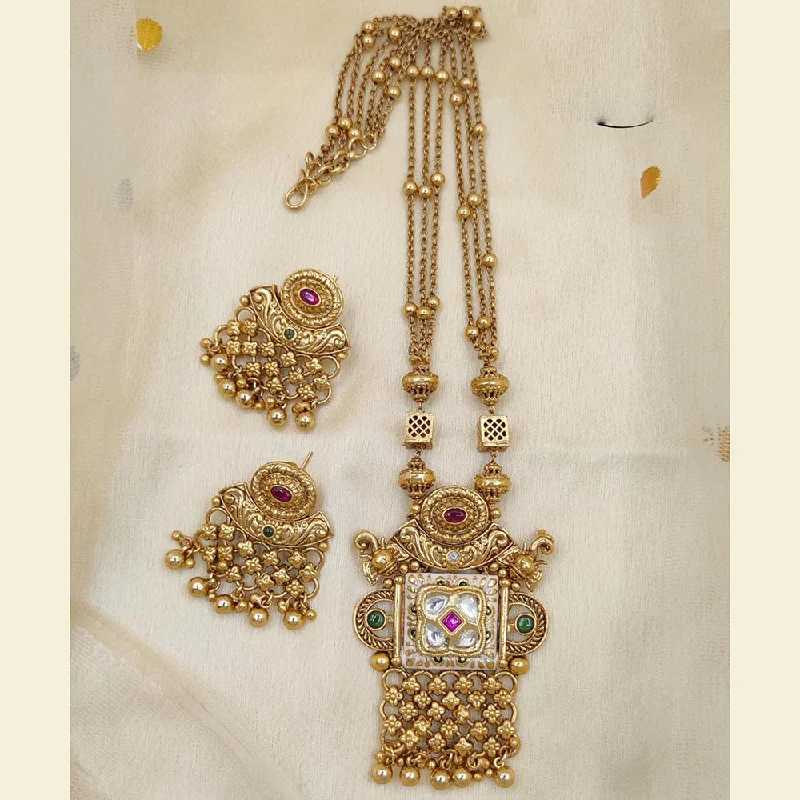 Flower women necklaces-Jewel Addiction Copper Rajwadi Finish Pota Stone Long Necklace Set