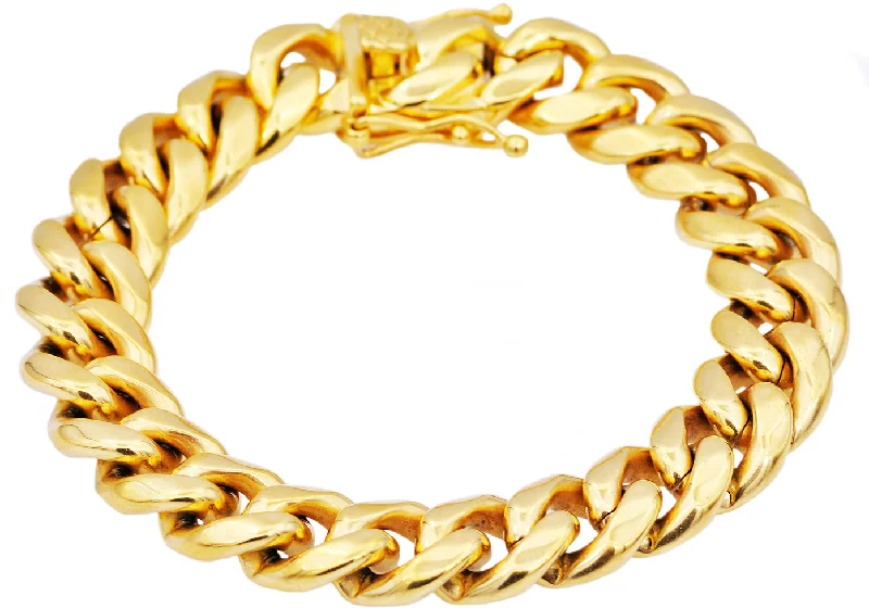 Sparkling women bracelets-Mens 14mm Gold Stainless Steel Miami Cuban Link Chain Bracelet With Box Clasp