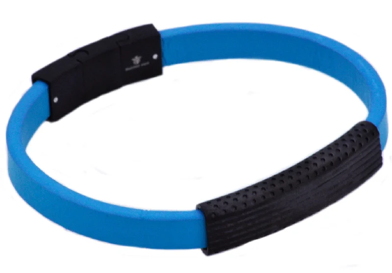 Chunky women bracelets-Mens Black Stainless Steel And Blue Silicone Bracelet